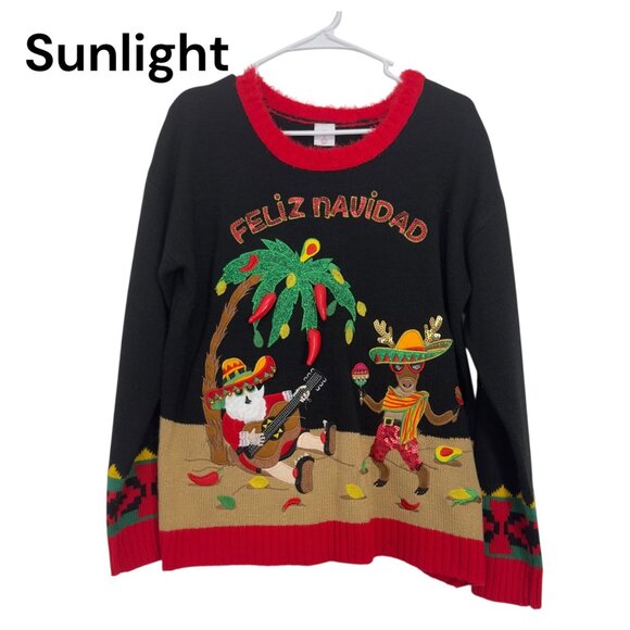 Holiday Time Women SZ M Feliz Navidad Christmas Ugly Sweater Sequined- Pullover - Picture 1 of 9